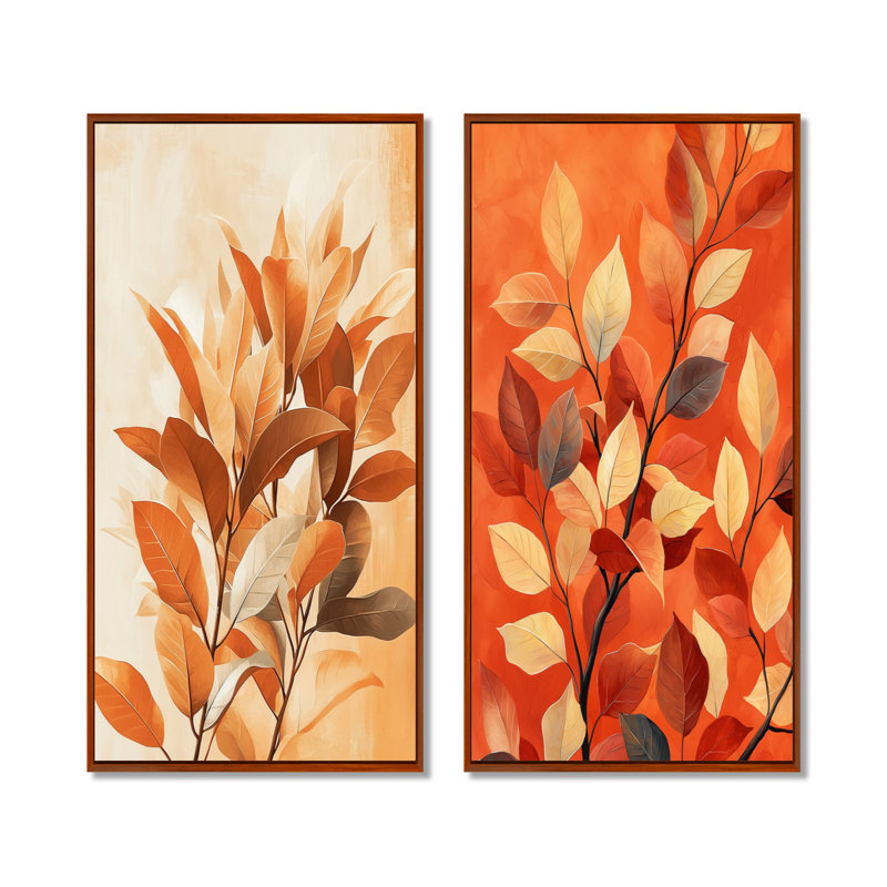 «Terracotta Leaves Layers Of Forest I», art mural floral 2 pièces, H 40 po x l 41 po, Brown Floater Framed