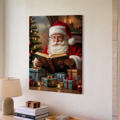 Toile, scène de vacances douillette avec un père Noël joyeux avec art mural, barbe blanche moelleuse vêtue d'un costume rouge classique