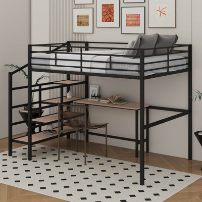 Lit mezzanine double en métal avec bureau et échelle de rangement latérale