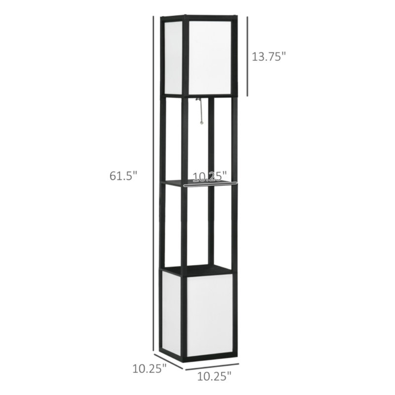 Lampadaire étagère, lampe sur pied noire avec double abat-jour en tissu et étagères de rangement à 2 niveaux, lampadaire à double éclairage avec interrupteur au pied pour la décoration du salon, de la chambre et de l'entrée