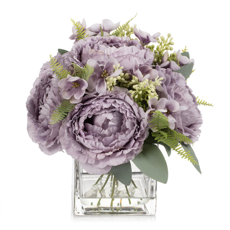 Arrangement de pivoines artificielles dans un vase avec de l'eau artificielle (mauve), Mauve