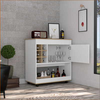 Chêne clair moderne Chariot-bar blanc neige, 6 casiers à bouteilles, 1 armoire, 4 roulettes | Panneau de particules | Panneau de particules