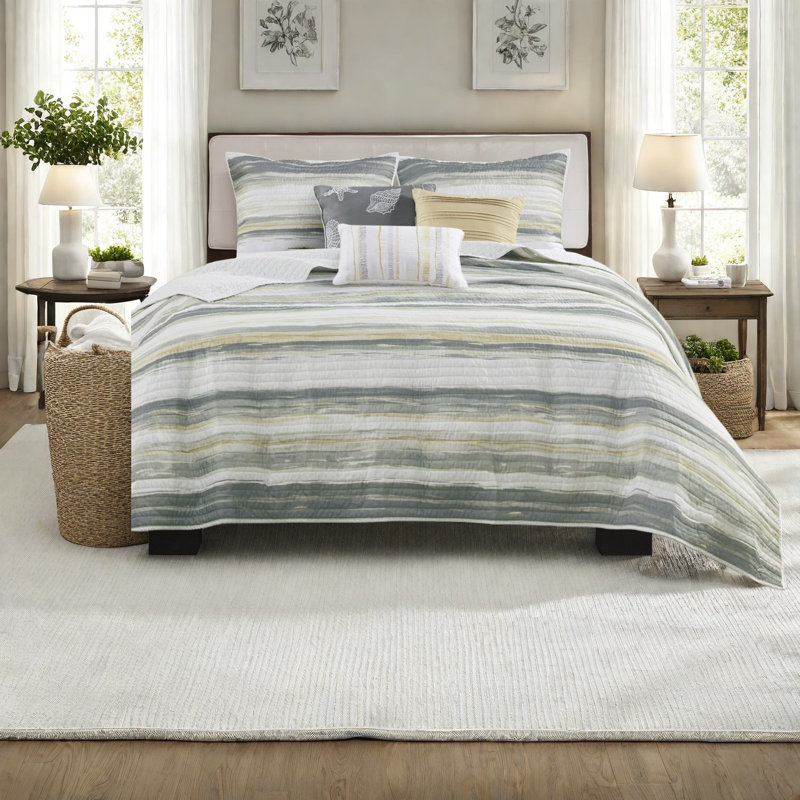 Modern Watercolor King Quilt Set, Cotton Bedding With Decorative Pillows