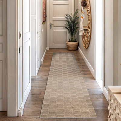 Checkerboard Block Warm Sand Beige Power Loomed Soft Shag High-Low Indoor Area Rug