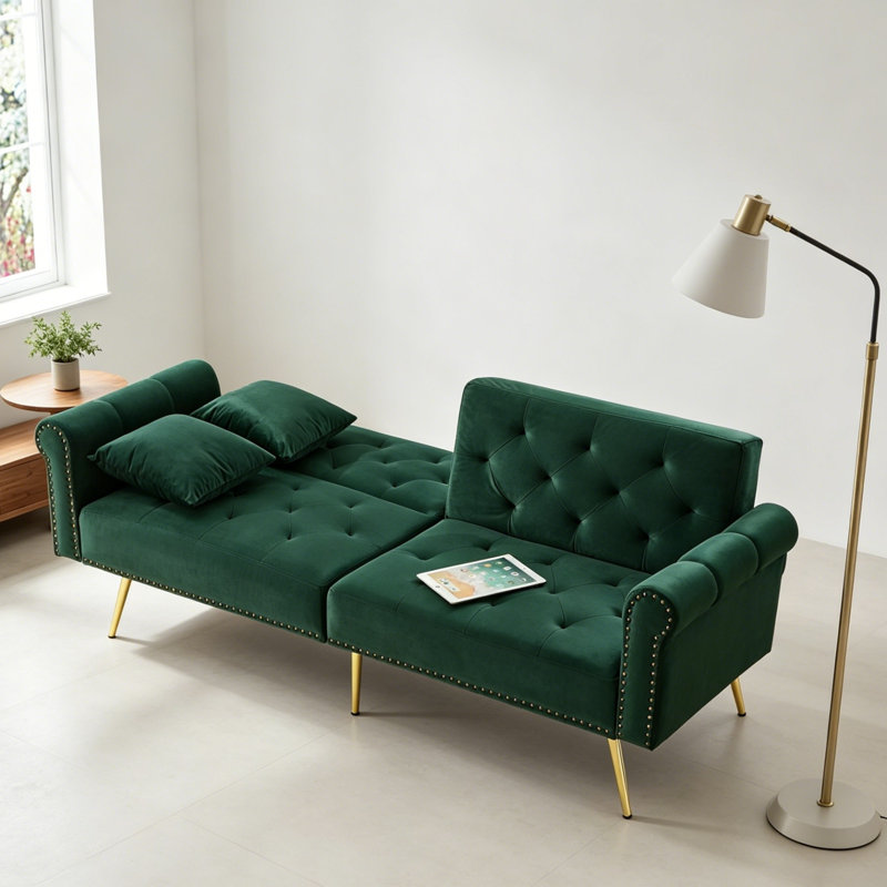 Modern 2-Seater Sofa Bed , 3-Stage Adjustable Backrest & Gold-Plated Metal Feet, Green
