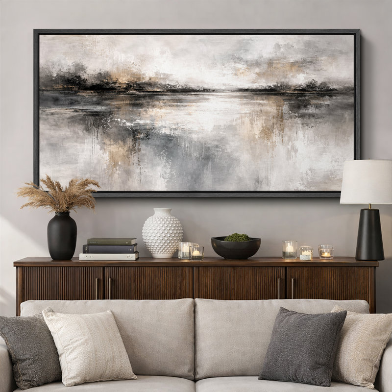 «Abstract Neutral Grey Misty Reflection», œuvre d'art moderne sur toile encadrée, impression sur toile, Cadre noir