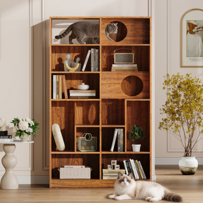Bibliothèque pour chat moderne 2 en 1, étagère à chat avec rangement, litière pour chat et tablette d'escalade - Brun