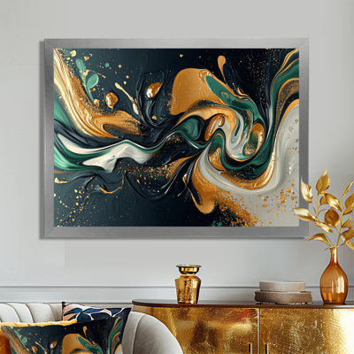 «Gold Green Temporal Fluidité I», art mural abstrait à encre liquide