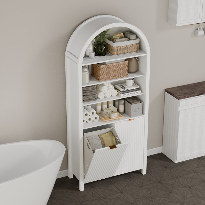 70" Tall Arched Double Tilt Out Laundry Hamper Cabinet, 4-Tier 30 Gallon Fluted Trash Can Cabinet With Adjustable Shelves, Hidden Laundry Cabinets With 2 Baskets For Bathroom,Kitchen, White