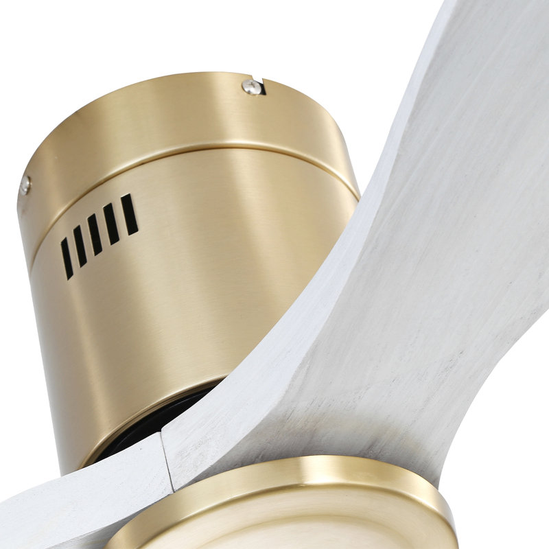 52 Inch Low Profile Ceiling Fan Dc 3 Carved Wood Fan Blade Noiseless Reversible Motor Remote Control Without Light, Gold