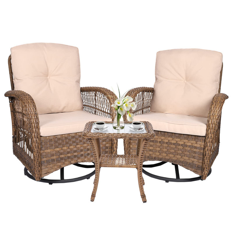 Enochs Premium All-Weather Wicker 2 - Person Patio Conversation Set with Cushions, Light Brown Rattan, Beige
