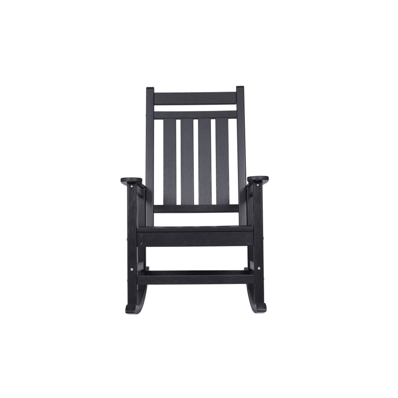 Oversized Rocking Chair With Wood-Texture, Outdoor Rocking Chair For Adults, All Weather Resistant Porch Rocker For Lawn Garden, Black