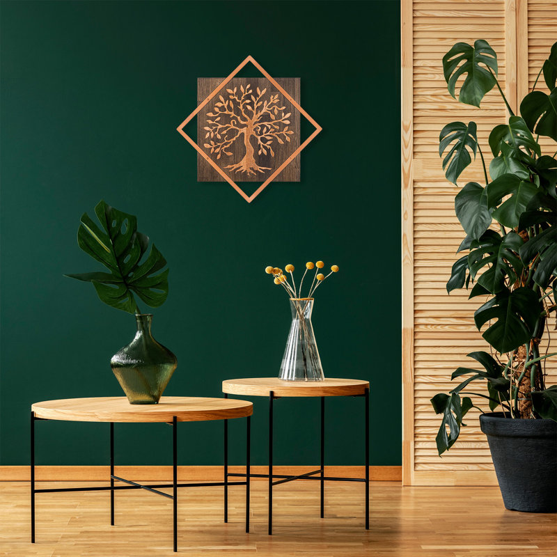 Élégant accessoire mural décoratif en bois, finition noyer et cuivre, 21,3 po x 21,3 po | 50% bois véritable (épaisseur: 1,2 po) et 50% métal (épaisseur: 0,06 po) | Décoration intérieure unique, fixation murale facile, design élégant et polyvalent