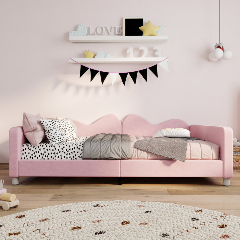 Comfortable Children Sherpa Fabric Upholstered Daybed With Cloud-Shaped Backrest, Full, Pink