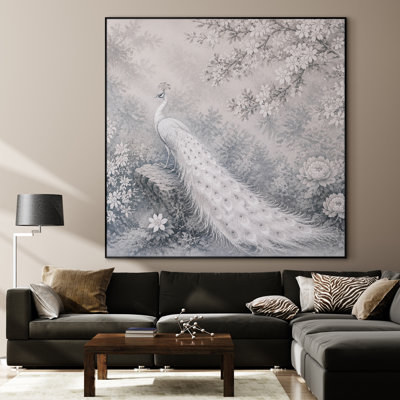 Extra Large Wall Art Fabric Print - Elegant Peacock with Floral Garden and Soft Botanical Background for Living Room or Bedroom "Frame Assembly Required (Unfinished Frame)"
