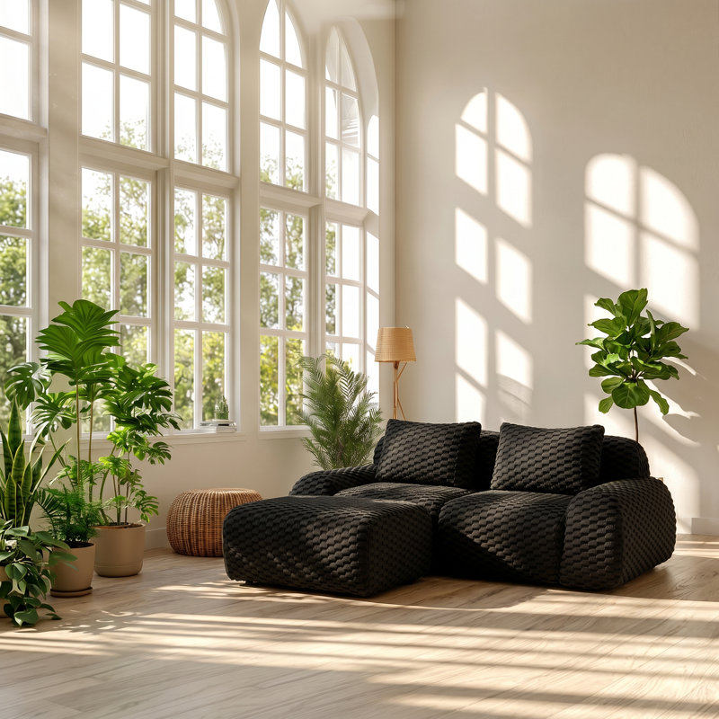 Aurelia 81.9" W x 69.3" D x 33.1" H Flannelette Fabric Modular L-Shaped Sectional Sofa with Movable Ottoman, Black Flannel