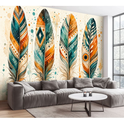 Wall Mural Peel and Stick Wallpaper Boho Tribal Feather Artwork Geometric Patterns Vibrant Colors Self-Adhesive Removable Contact Paper Wall Decor for Living Room Bedroom 69"H x 96"W