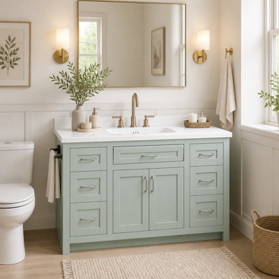 Meuble-lavabo autoportant de 48 pouces avec lavabo en céramique, 6 tiroirs, tiroir central et portes doubles à fermeture en douceur