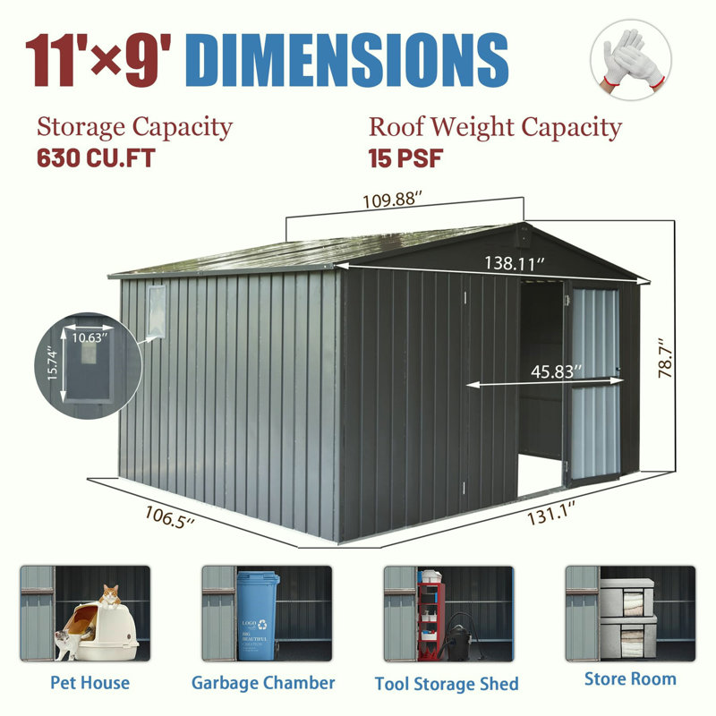 Remise de rangement en métal, H 78,7 po x l 138,11 po x P 109,88 po