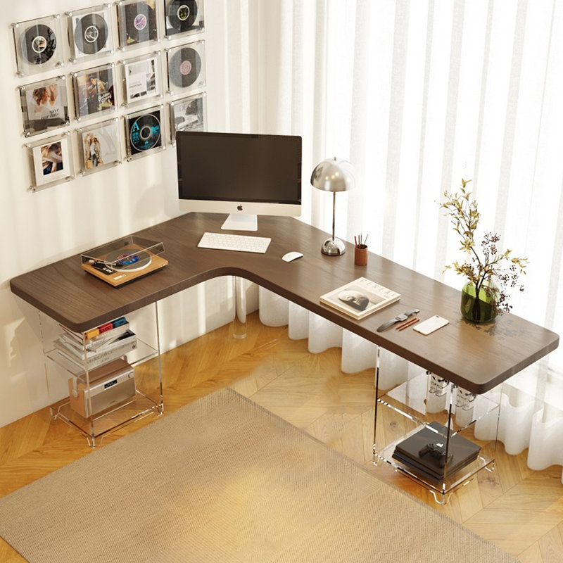 Bureau en L en bois massif avec base en acrylique, H 29,53 po x l 78,74 po x P 55,12 po