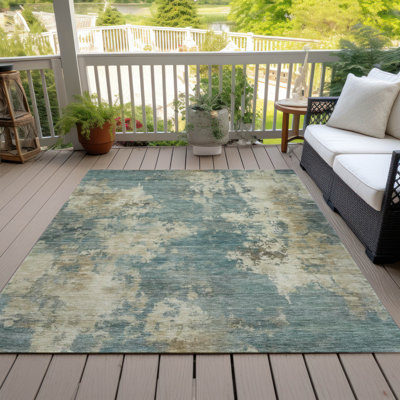 Machine Washable Indoor/Outdoor Xhevrie Teal Rug