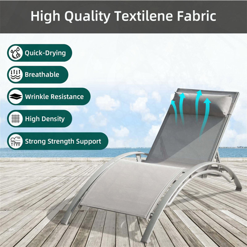 Pool Lounge Chairs Set of 3 with Adjustable Aluminum Frame and Side Table, Gray