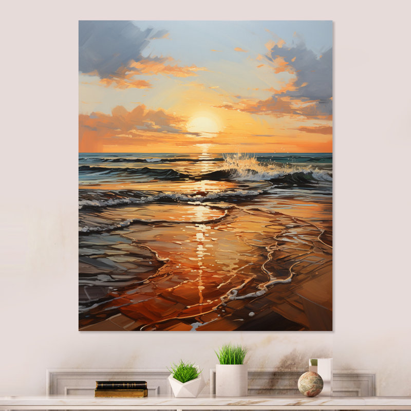 Impression sur métal orange, bleu sarcelle, lever de soleil sur la plage I, H 20 po x l 12 po