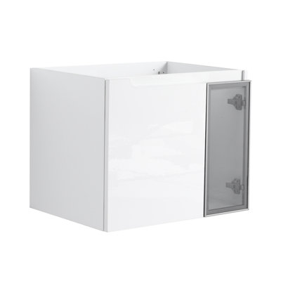 Meuble-lavabo mural 24 po, 2 portes à fermeture douce, meuble-lavabo blanc brillant et 1/2 porte en verre gris