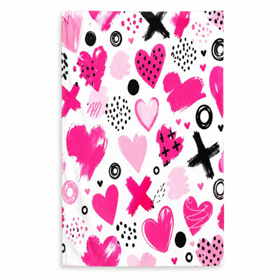 1 serviette de plage à motif de cœurs mignons, avec des marques de croix roses et noires dans un style art de griffonnage. Grande microfibre, idéale pour la natation, les voyages, unisexe.