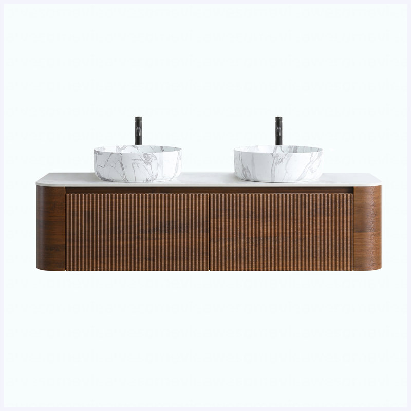 Meuble-lavabo 60 po en noyer avec lavabo double, ensemble de meuble-lavabo mural avec porte-serviettes gratuit, lavabos doubles en céramique de Carrare blanc, pré-assemblé, pour la salle de bain