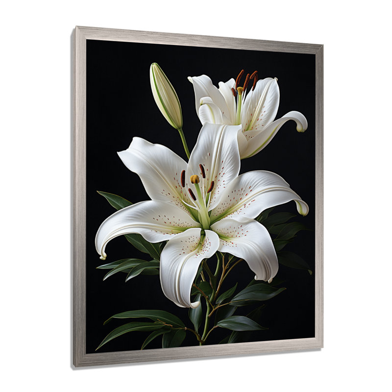 «Black White Lily Exquis II» - lys, impressions sur toile, H 20 po x l 12 po x P 1 po, Cadre simple argenté