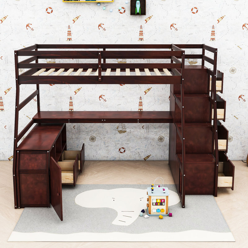 Lit mezzanine double en bois Humira avec bureau intégré, tiroirs de rangement et tablettes, Espresso