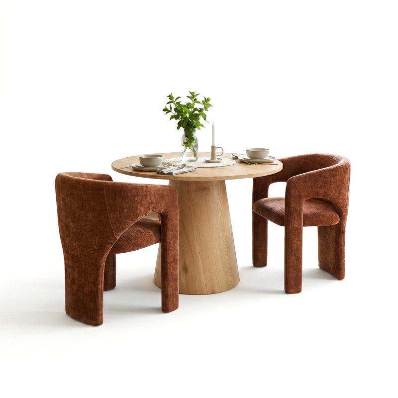 35" Round Pedestal Dining Set With Upholstered Chairs, Oak, Terra