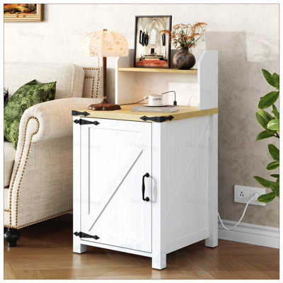 Rustic Farmhouse Nightstand with Charging Station, Adjustable Shelf, and Barn Door for Bedroom and Living Room