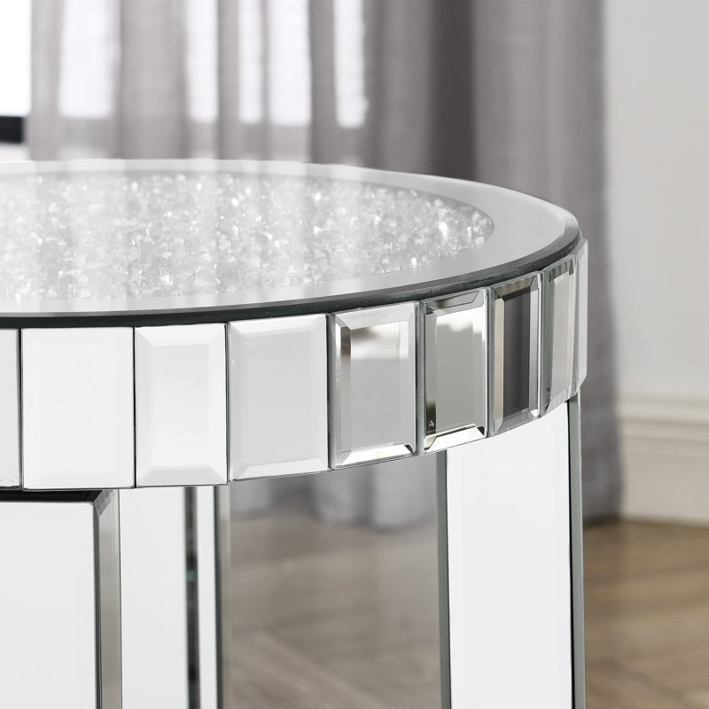 Table de bout ronde en cristal avec incrustations de miroir - 2 couches argentées pour chambre à coucher moderne, option décorative de salon avec pièce, rangement et décoration de chambre à coucher