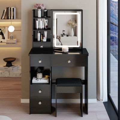 Left Drawer Desktop Vanity Table + Cushioned Stool by BURDOCK
