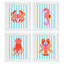 «Bright Sea Creatures on Stripes», ensemble de 4 reproductions encadrées sous verre, design par Indira Prieto | IndySign-1246962702-1246962697