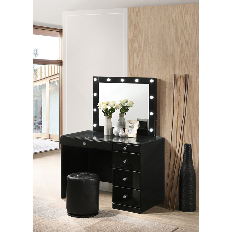 Ensemble de coiffeuse 3 pièces avec miroir éclairé, plateau en verre, 5 tiroirs, boutons en cristal et tabouret rond pour un mobilier de chambre élégant
