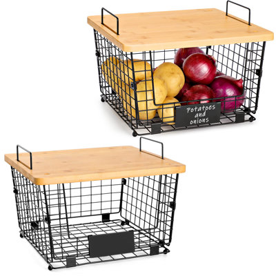 2 Set Stackable Wire Basket With Bamboo Top - Kitchen Counter, Pantry Organizer And Storage - Produce Onion Potato Fruits Vegs Bread Food Snack Spice Organizing Bin For Cabinet Shelf Countertop Floor