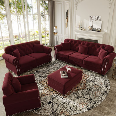 Canapé Chesterfield de style Mid-Century moderne en velours avec garniture cloutée et accoudoirs roulés, avec repose-pieds assorti, élégance intemporelle pour tout espace de vie.