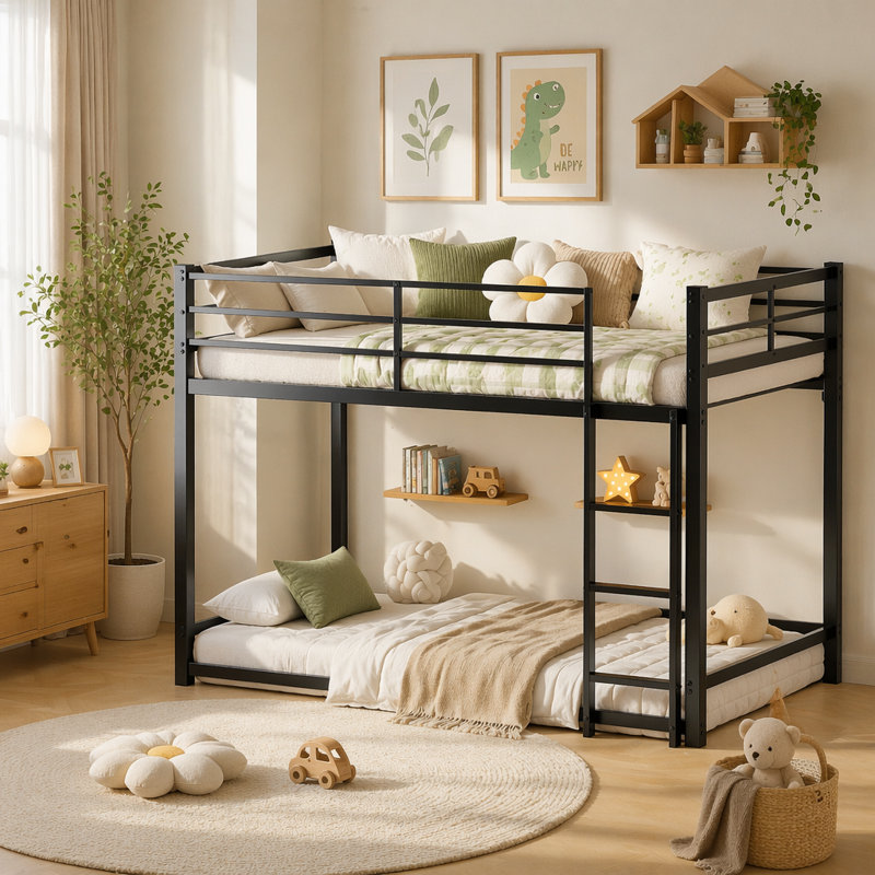 Lit superposé avec échelle et lit superposé en métal à garde-corps haut, espace de rangement, silencieux, taille simple sur simple, noir