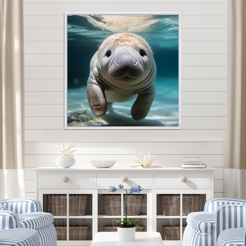 Curious Manatee Gaze III - Art mural lamantin, Cadre flottant blanc, H 36 po x l 36 po x P 1,5 po