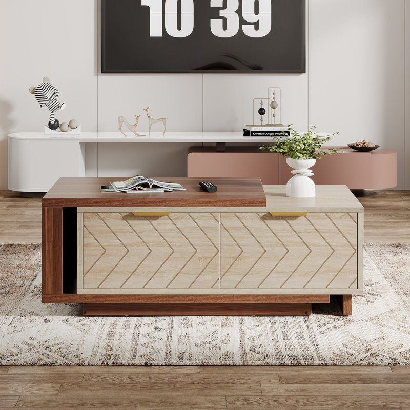 Extendable Coffee Table With 2 Storage Drawers, Dual-Tone Center Table With Sliding Tabletop, Brown/Beige
