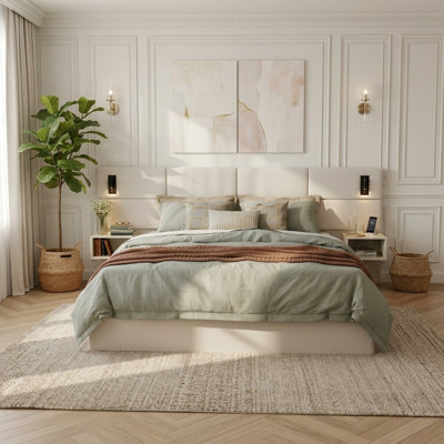 108.2" W Modern Minimalist Upholstered King Smart Bed with Reading Light and Built-in Shelves
