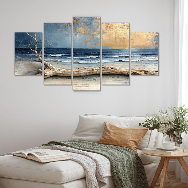 «Gold Blue Driftwood Wishes Fuls» II - ensemble d'impression d'art mural côtier