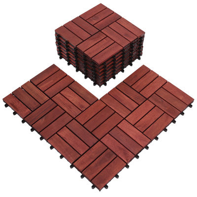 Bliss Outdoors Hardwood 12-Slat Interlocking Wood Deck Tiles, Red, Set of 10
