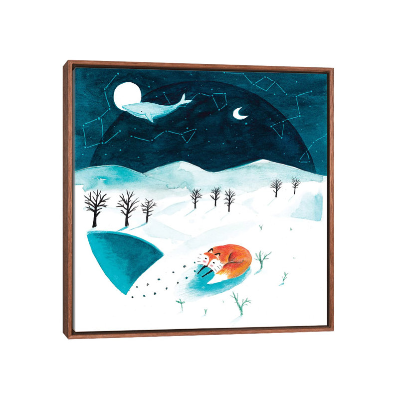 Fox and Whale Winter - reproduction, Pas de tapis, H 18 po x l 18 po x 1,5 po, Toile avec cadre brun