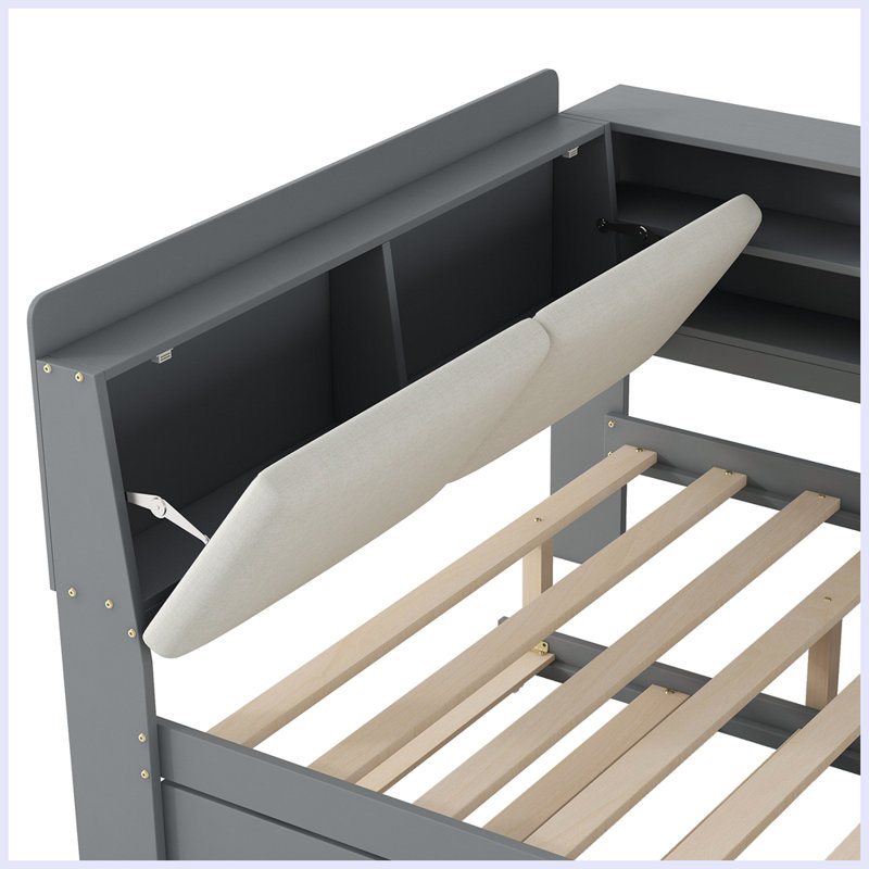 Lit plateforme en bois avec lit gigogne, tablettes et tête de lit, Gris