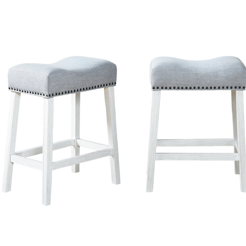Tabouret à hauteur de comptoir blanc délavé - 2 pièces, revêtement gris 2 selles blanches, tissu