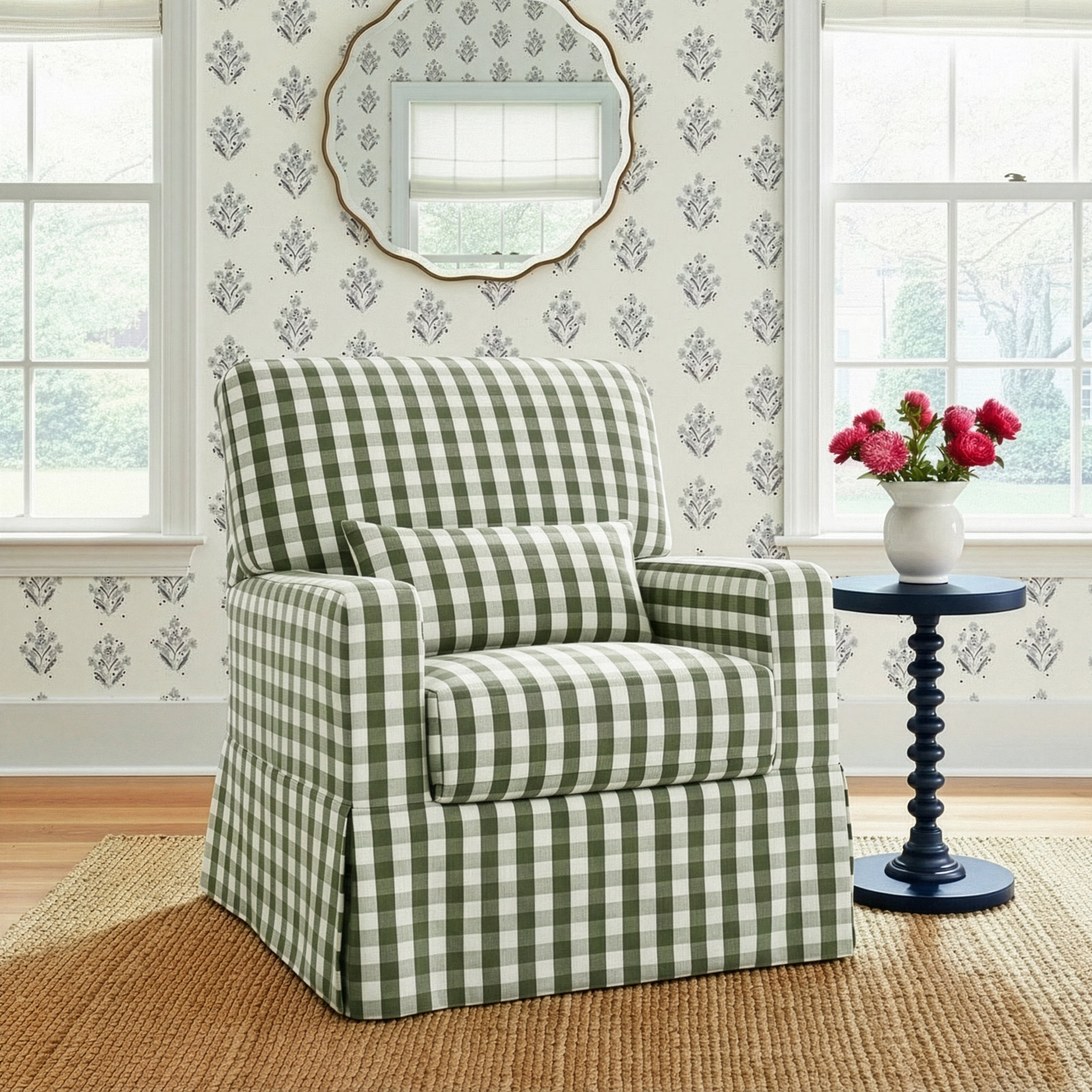 Crawford Upholstered Swivel Glider, Green Gingham